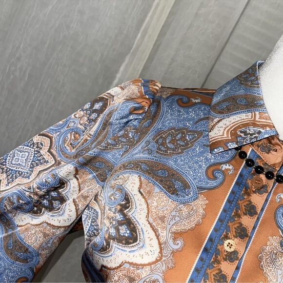 Joie XS Orange Blue Ivory Paisley Hankie Square Style Puff Long Sleeve Blouse - Picture 8 of 13